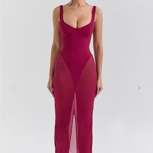 House of CB Robina Wine Stretch Mesh Maxi Dress